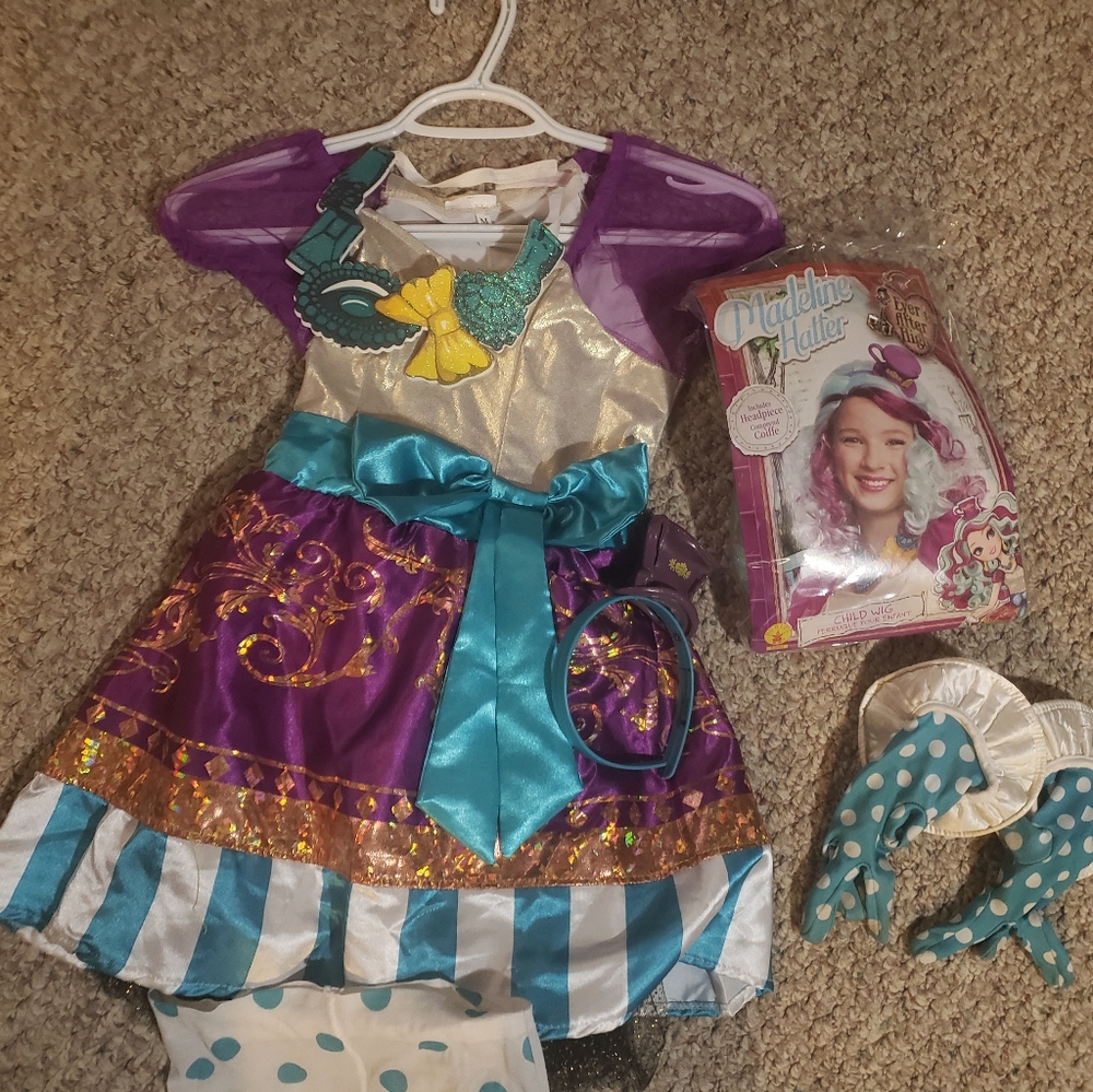 Madeline Hatter (Ever After High) medium. Wig, dress, gloves, tights, head band.